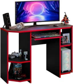 Mesa Gamer Escrivaninha PC para Computador com LED, Preto e Vermelho, Suporte para PC e Acessórios