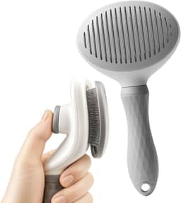 Escova Autolimpante Rasqueadeira Tira Pelos para Gatos e Cães de Pelo Longo – Removedora de Pelos com Botão de Limpeza, Cerdas Encapadas Seguras e Cabo Ergonômico Antiderrapante (Cinza)
