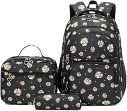 Conjunto de Mochila Escolar Feminina com Estampa de Margarida - 3 Peças com Bolsa de Almoço e Estojo de Lápis