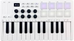 summina Teclado MIDI de 25 teclas, controlador MIDI portátil com 25 teclas sensíveis à velocidade, 8 pads retroiluminados RGB, 8 botões