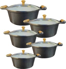 Jogo De Panelas Cerâmica Atoxica Antiaderente em Aluminio Fundido Com Tampas em Vidro Temperado