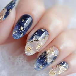 Conjunto de 24 peças de unhas postiças gradientes azuis com estrelas de galáxia em forma de amêndoa com cola incluída céu estrelado cósmico unhas falsas para mulheres, universo cintilante, kit