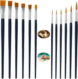 Kit 12 Pincéis para Pintura, 6 Ponta Fina Redonda e 6 Ponta Chata, para Aquarela, Óleo, Acrílica e Artesanato