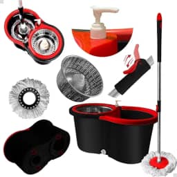 Kit Esfregão Mop Giratório Com Balde Cesto Inox Com Dispense Preto-vermelho