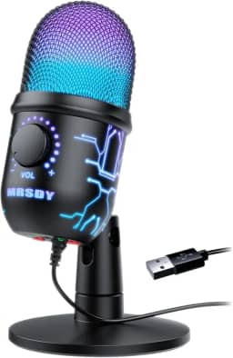 MRSDY Microfone para jogos, microfone USB de computador para PC, Mac, PS4/5, microfone condensador de podcasts para gravação de estúdio, YouTube, streaming, com conector de fone de ouvido, luz LED,