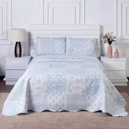 Kit Colcha Bouti Cobre Leito Casal Tecido Estampado Dupla Face 03 Peças - Fronhas Aba Americana - Matelado (2,10m x 2,40m) (AZULEJO - 013)