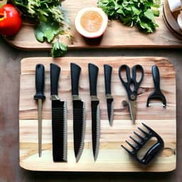 Kit Churrasco Preto, Conjunto 8 Peças, Facas Gourmet, Corte Navalha Antiaderente Premium - T2X Soluções (Preto)