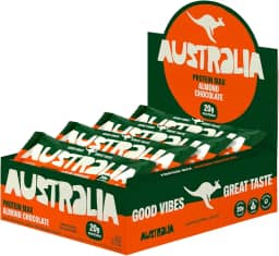 Australia Protein Max Almond Chocolate 70g, Barra de Proteína, Sem Glúten, Lactose e Açúcar Adicionado, Snack Saudável Plant-Based (12 unidades)