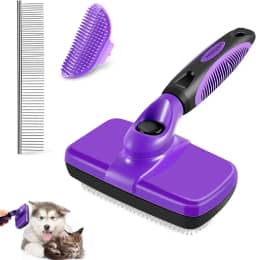 YOPETAYU Kit de escova para cães – conjunto de cuidados 4 em 1 com escova autolimpante e ancinho de subpelo para cães pequenos, médios e grandes de pelo longo, gatos e animais de estimação, reduz a