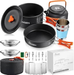 HOMGEN Conjunto de cozinha de acampamento de 14 peças com para-brisa de fogão e 2 pratos - bule de alumínio leve/frigideira - Kit completo de bagunça de acampamento para mochilão, piqueniques