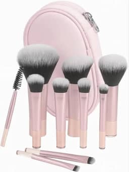 Kit Mini Pincéis de Maquiagem 10 Peças Travel Size com Nécessaire - Cerdas Macias para Make Completa - Rosa