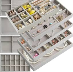 Kit 6 Bandejas Para Jóias Bijuterias Organizadores de Gaveta Com Divisorias Veludo Pu (Cinza)