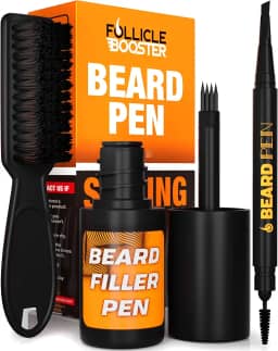 FOLLICLE BOOSTER Kit de modelador de caneta de barba para homens – Preto – Conjunto completo 3 em 1 com garfo patenteado de 4 pontas, caneta normal e escova para pentear – impermeável, à prova de suor