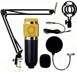 Kit Microfone Condensador Profissional Tipo microfone bm800, Completo com Pop Filter, Braço Articulado e Suporte de Mesa, para Estúdio, Gravação, Podcast e Transmissão Ao Vivo
