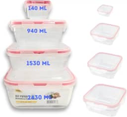 Potes Herméticos Quadrados Kit com 4, Tampa Plástica com Trava, MTS, Transparente, Varios Tamanhos, Armazena Alimentos Vedados, Resistente, Ideal Freezer/Microondas, Tamanhos 140ml, 940, 1530 e 2430ml