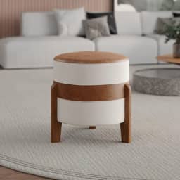 Puff Órion Banco Closet em Couro Caramelo Linho Bege Pés De Madeira Maciça