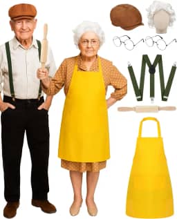 7 peças de acessórios de fantasia de casal de vovô e vovó de Halloween, incluindo avental amarelo, óculos redondos, chapéu de jornaleiro, suspensórios com rolo de madeira para adultos, roupas