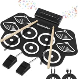 Bateria Eletrônica Instrumento Musical Portátil de Silicone Preto com 9 Pads, Pedais, Baquetas, MIDI Ideal para Crianças, iniciantes, Músicos, Prática Musical em Casa