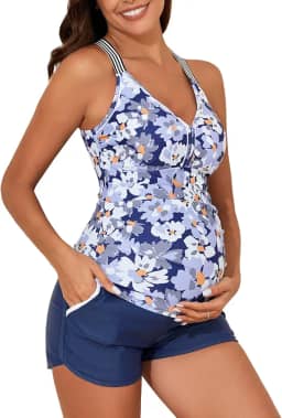 Tanquíni de duas peças para gestantes, cintura alta, roupa de banho para gravidez com bolsos cruzados nas costas