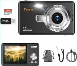 Câmera digital 1080P FHD 4k com tela LCD de 2,4", compacta e portátil para vlogs e fotos, com cartão SD de 32GB e zoom digital de 16x para adolescentes, estudantes e iniciantes. (preto)