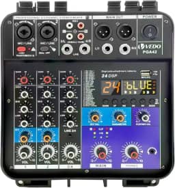 VEDO Mixer de áudio profissional portátil de 4 canais com dois amplificadores de 150 W, Bluetooth 5.0, fonte de alimentação de 48 V e porta USB para PC/MP3 para apresentações ao vivo e conferências