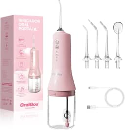Irrigador Dental Portatil 260ML, 4 Modos de Jato, 4 Bicos, Limpeza Profunda dos Dentes e Gengivas, Elétrico, Recarregável, À Prova d’Água IPX7 (Rosa)