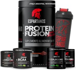 Whey Protein Fusion Chocolate 900g + BCAA + Creatina + Glutamina + Colágeno + Coquteleira - Espartanos