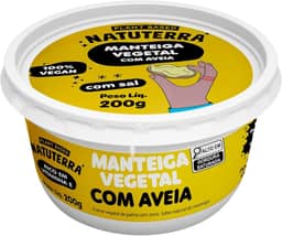 Manteiga Vegana de Aveia Natuterra 200g. Sem lactose, livre de nuts, plant-based. Cremosa, ideal para espalhar, refogar e cozinhar. Textura perfeita e saborosa.
