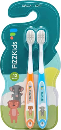 FizzPro, Pack com 2 escovas dentais, kids, animais, +12 meses, cerdas macias, azul e laranja
