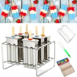 Conjunto de 6 kits de moldes de picolé de aço inoxidável, máquina de fazer petiscos de gelo caseiros com 50 palitos de madeira e 6 selos de silicone e 20 sacos pop, escova de limpeza (quadrada)