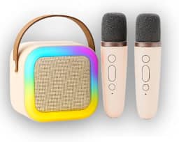 Karaokê Infantil Portátil com LED, Caixa de Som Bluetooth, 2 Microfones Sem Fio, Recarregável, Modos de Voz Divertidos (Bege)