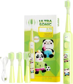 MOMODENT Escova Elétrica Infantil Sônica, Cerdas Extra Macias, 3 Modos de Vibração, 3 Cabeças Substituíveis, IPX7 à Prova D'Água, Recarregável, para Crianças de 3 a 12 Anos (Verde)