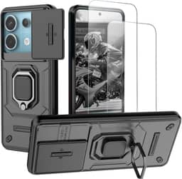 Capa para Redmi Note 13 Pro 5G e Xiaomi Poco X6 5G Capinha - com [2 peças] protetor de tela de vidro temperado tampa deslizante da câmera e suporte para anel de dedo