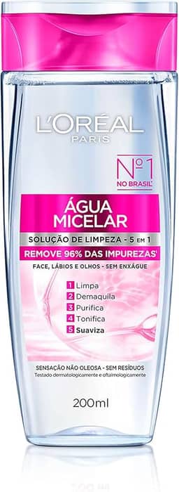 L'Oréal Paris, Água Micelar Solução de Limpeza 5 em 1 Limpa, Demaquila, Purifica, Suaviza e Reequilibra, Cuidado Diário Multifuncional para Todos os Tipos de Peles 200ml