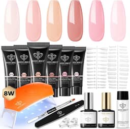 Modelones Kit de Unhas de Gel Poly 6 Cores com Lâmpada de 8 W - Gel Jelly nas Cores Rosa, Branco, Rosa Nude. Ferramentas Completas e Soluções de Espessamento, Ideal para Iniciantes e para Fazer Você Mesmo em Casa.