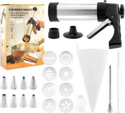 Máquina Churro Maker, Kits de Churro de Aço Inoxidável Incluindo 8 Discos Bicos, 8 Pontas de Tubulação Churro, Escova de Limpeza, Saco de Confeitar para Churros Caseiros de Forma Diferente, Biscoito