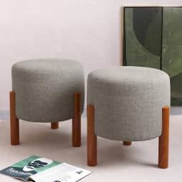 PC Móveis – Kit 2 Puff Redondo Luxo Decorativo em Linho ou Suede – Sala, Quarto e Escritório (Linho, Cinza)