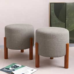 PC Móveis – Kit 2 Puff Redondo Luxo Decorativo em Linho ou Suede – Sala, Quarto e Escritório (Linho, Cinza)