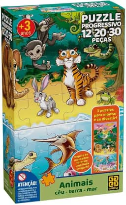 Quebra-Cabeça, Grow, Cartonado, Animais, Céu-Terra-Mar, Progressivo, 12/20/30 Peças, Multicor