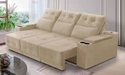 Sofá Retrátil e Reclinável 3 lugares 2,10m com Porta Copos e USB Hannah Suede Bege Adonai Estofados
