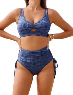 Conjunto de biquíni de cintura alta para mulheres, traje de banho retrô modesto e fofo em jacquard com controle de barriga 2025