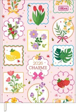 Tilibra - Agenda Costurada Diária 12,3 x 16,6 cm Charme 2026 - Flores - fundo rosa