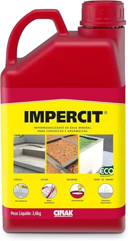 Aditivo líquido impermeabilizante para concreto e argamassa, que permite a redução da permeabilidade para evitar a umidade e infiltração d’água na argamassa. CIPLAK IMPERCIT, Galão 3,6L