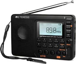 Rádio digital AM FM Retekess V115, rádios portáteis de ondas curtas, sintonizador digital de rádio recarregável e predefinições, suporte para gravação Micro SD e AUX, alto-falante baixo preto