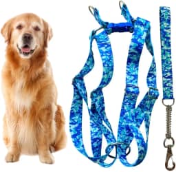 Coleira Peitoral Americano para Cachorro Médio e Grande com Guia Anti Puxão - Pitbull, Golden, Labrador, Rottweiler, Fila, Pastor Alemão, Doberman, Toni Corso (Camuflado Azul)