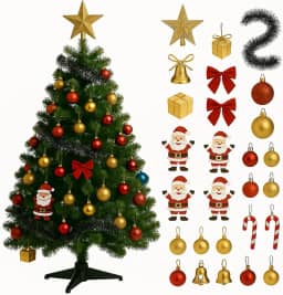 Árvore de Natal Completa, 90cm, Verde, 43 Enfeites Decorativos, Bolas Douradas e Vermelhas, Sinos, Papai Noel, Estrela