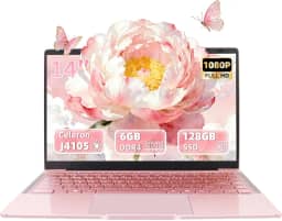 Laptop ouro rosa de 14 polegadas, Win 11 Pro (pré-instalado), processador Intel Quad-Core J4105, tela IPS FHD, 6 GB de RAM, SSD de 128 GB, notebook ultraleve para viagens, aulas online