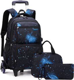 ACAGALA Mochila Rolante Infantil para Meninos e Meninas, com Rodas, Carrinho, Escolar, com Lancheira, Bolsa de Lápis (Céu Estrelado Preto e Azul)