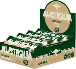 Australia Protein Max Vanilla & Coconut 70g, Barra de Proteína, Sem Glúten, Lactose e Açúcar Adicionado, Snack Saudável Plant-Based (12 unidades)