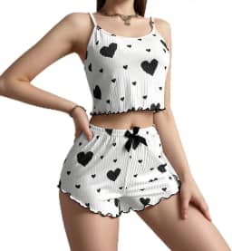 Conjunto de pijama sexy para mulheres, conjunto de 2 peças, conjunto de pijama curto fofo de verão e shorts com nervuras